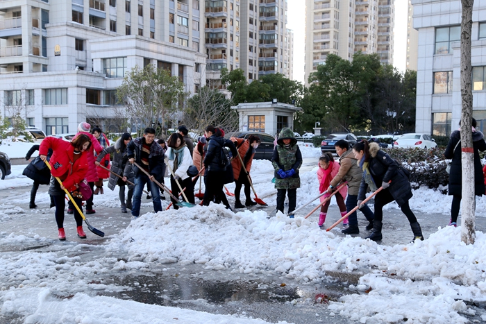 羊山新区教育系统清理慢车道人行道积雪